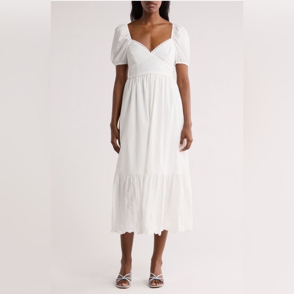 AUGUST SKY Puff Sleeve Embroidered Hem Maxi Dress white / size L